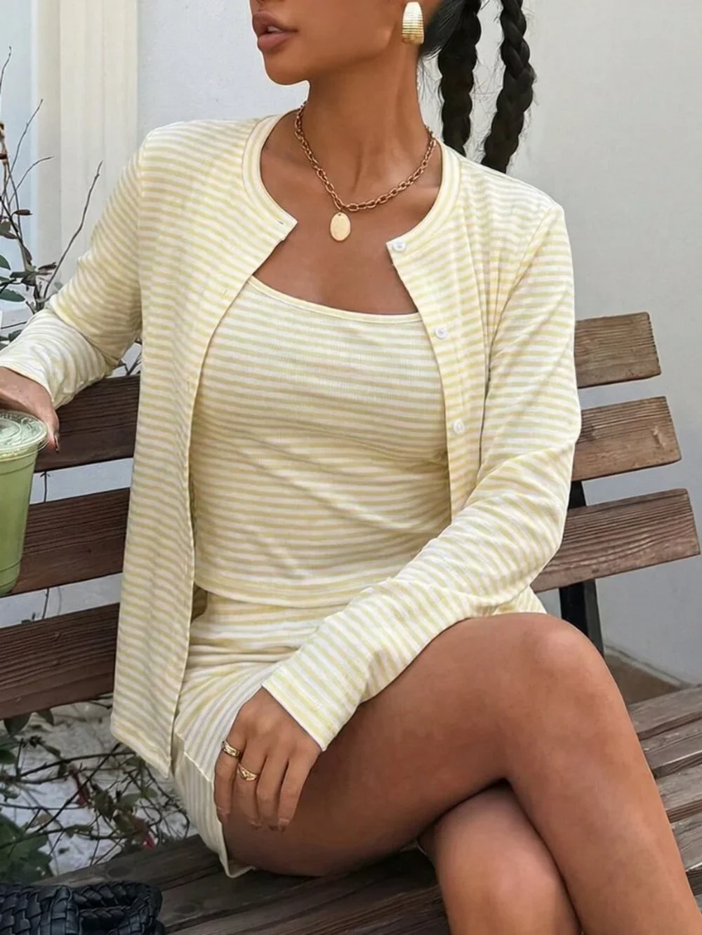 Pale Yellow Casual Women's Stripe Striped Knit Top Shorts Set